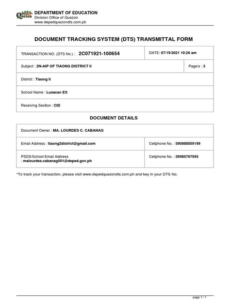 Document Tracking System (DTS) Transmittal Form: Department .